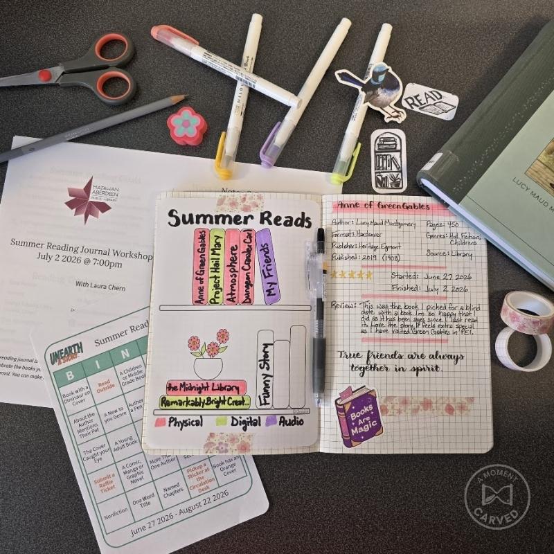 Flat lay of Summer Reading Journal Workshop supplies: a reading journal spread, scissors, washi tape, and colorful stickers.